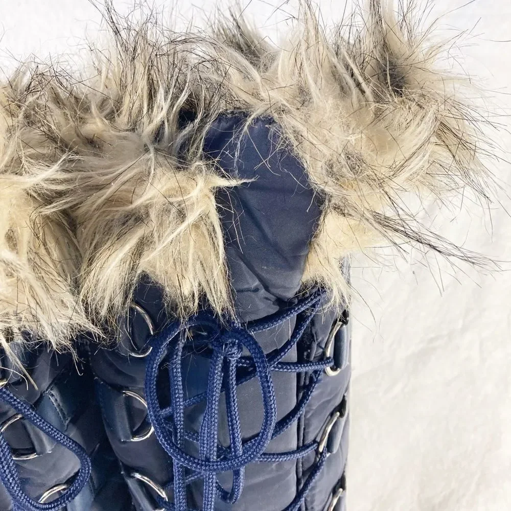 Polar Navy Nylon Tall Fur Lace Waterproof Snow Rainy Boots Sz 8